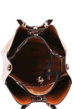 LEOPARD TRIM TOTE BAG WITH THICK LONG STRAP