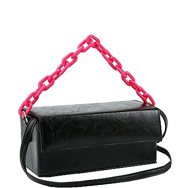 Medium Linked 2-Way Boxy Chain Strap Accent Flap Satchel