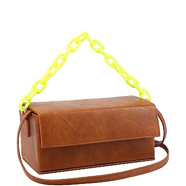 Medium Linked 2-Way Boxy Chain Strap Accent Flap Satchel