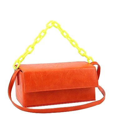 Medium Linked 2-Way Boxy Chain Strap Accent Flap Satchel