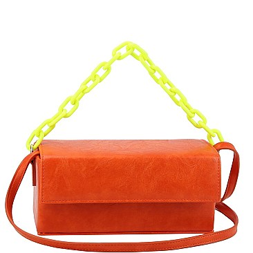 Medium Linked 2-Way Boxy Chain Strap Accent Flap Satchel