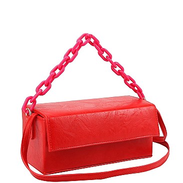 Medium Linked 2-Way Boxy Chain Strap Accent Flap Satchel