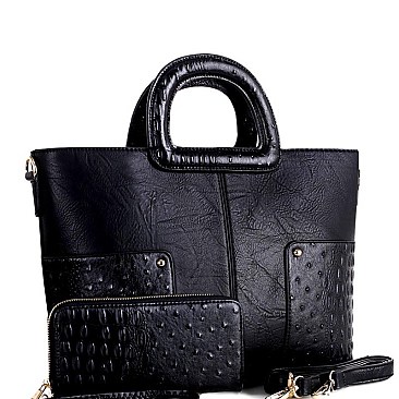 2 WAY OSTRICH DETAIL SATCHEL WALLET SET