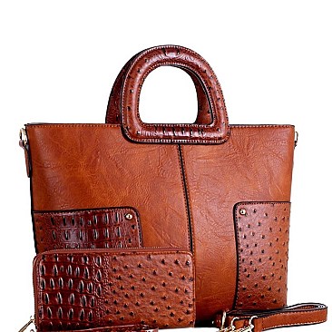 2 WAY OSTRICH DETAIL SATCHEL WALLET SET