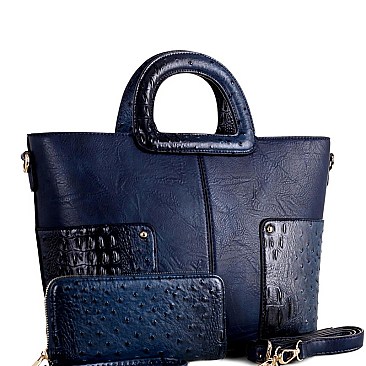 2 WAY OSTRICH DETAIL SATCHEL WALLET SET