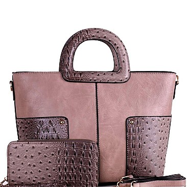 2 WAY OSTRICH DETAIL SATCHEL WALLET SET