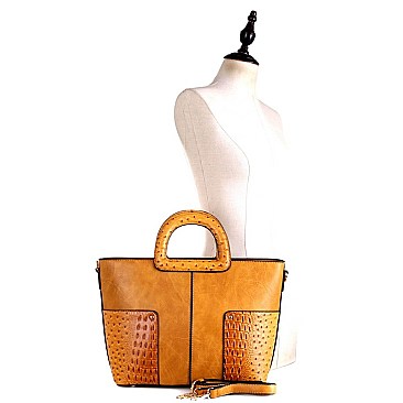 2 WAY OSTRICH DETAIL SATCHEL WALLET SET