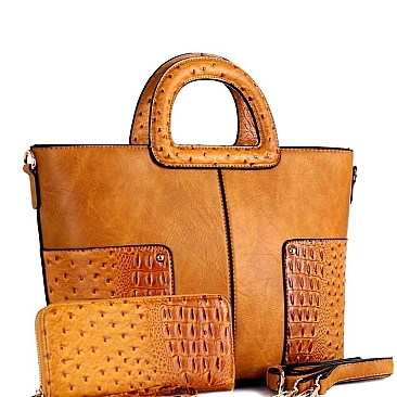 2 WAY OSTRICH DETAIL SATCHEL WALLET SET