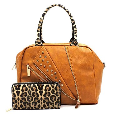 Studded Motorcycle Jacket Leopard Trim 2-in-1 Boston Bag