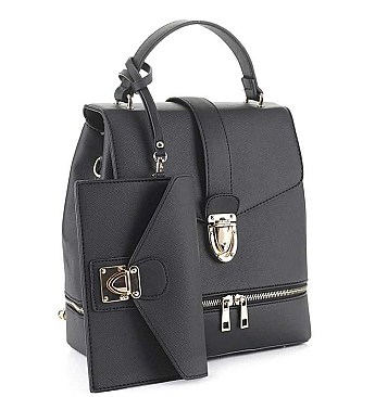 2IN1 SMOOTH BUCKLE DESIGN 3 WAY CROSSBODY HANDLE BACKPACK WITH MATCHING CLUTCH SET