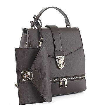 2IN1 SMOOTH BUCKLE DESIGN 3 WAY CROSSBODY HANDLE BACKPACK WITH MATCHING CLUTCH SET