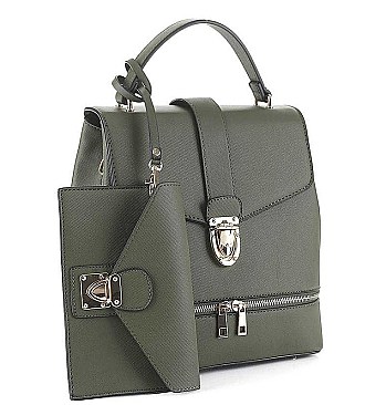 2IN1 SMOOTH BUCKLE DESIGN 3 WAY CROSSBODY HANDLE BACKPACK WITH MATCHING CLUTCH SET