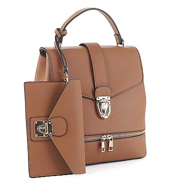 2IN1 SMOOTH BUCKLE DESIGN 3 WAY CROSSBODY HANDLE BACKPACK WITH MATCHING CLUTCH SET
