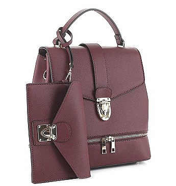 2IN1 SMOOTH BUCKLE DESIGN 3 WAY CROSSBODY HANDLE BACKPACK WITH MATCHING CLUTCH SET
