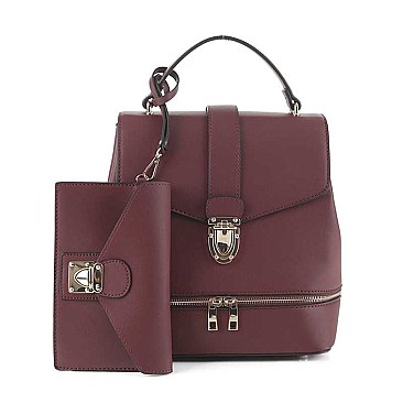 2IN1 SMOOTH BUCKLE DESIGN 3 WAY CROSSBODY HANDLE BACKPACK WITH MATCHING CLUTCH SET