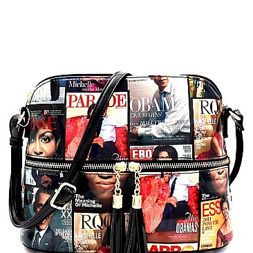 Stylish Magazine Print Front Pocket Tassel Accent Cross Body Bag MH-MB3031