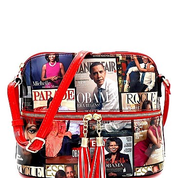 Stylish Magazine Print Front Pocket Tassel Accent Cross Body Bag MH-MB3031