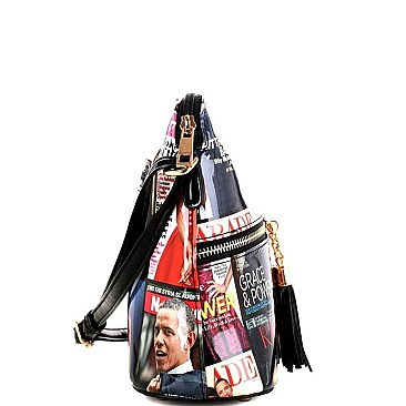 Stylish Magazine Print Front Pocket Tassel Accent Cross Body Bag MH-MB3031