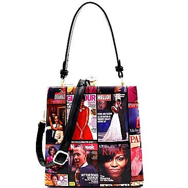JEWEL-TOP MAGAZINE PRINT PATENT SATCHEL