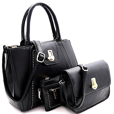 3 IN 1 FLIP LOCK STUDDED SATCHEL SET