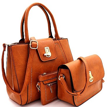 3 IN 1 FLIP LOCK STUDDED SATCHEL SET