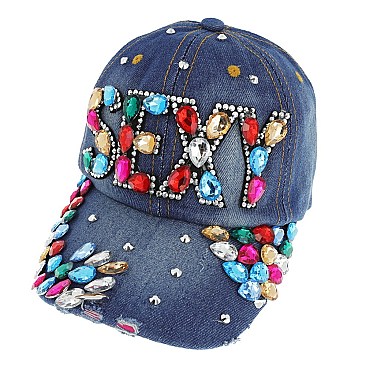 "SEXY" Large Colorful Gems Stoned on Distressed Denim Cap