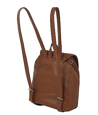 STYLISH WOVEN LEATHER CROSSED DRAWSTRING BACKPACK