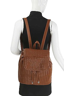 STYLISH WOVEN LEATHER CROSSED DRAWSTRING BACKPACK