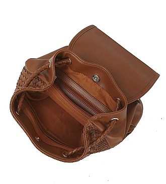 STYLISH WOVEN LEATHER CROSSED DRAWSTRING BACKPACK