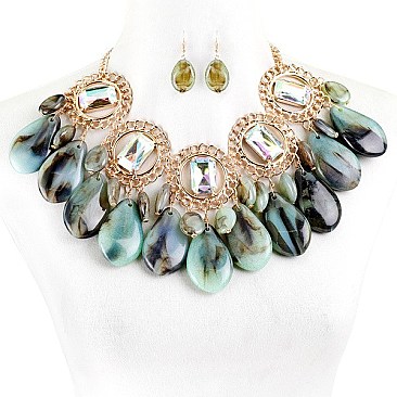 CHUNKY RINGS AND STONES FASHION NECKLACE SET