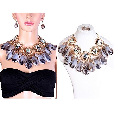 CHUNKY RINGS AND STONES FASHION NECKLACE SET