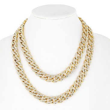 DOUBLE PAVE LINKED CUBAN CHAIN NECKLACE W STONES