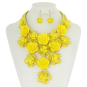 Fashionable Acrylic Rose Cluster Chunky Statement Necklace and Earrings Set SLNEL164