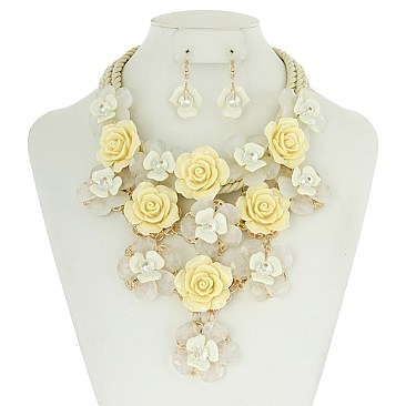 Fashionable Acrylic Rose Cluster Chunky Statement Necklace and Earrings Set SLNEL164