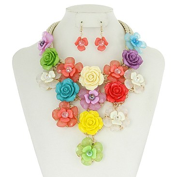 Fashionable Acrylic Rose Cluster Chunky Statement Necklace and Earrings Set SLNEL164