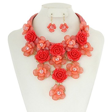 Fashionable Acrylic Rose Cluster Chunky Statement Necklace and Earrings Set SLNEL164