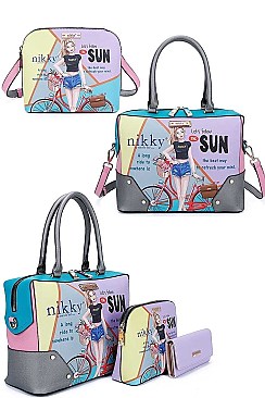 SUMMER RIDE PRINT SATCHEL CROSSBODY AND WALLET Nikky by Nicole Lee