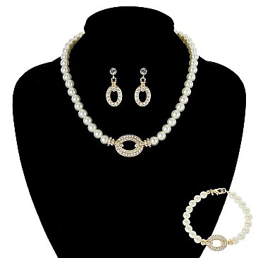 SET OF RHINESTONE ACCENT PEARL NECKLACE, EARRINGS AND BRACELET