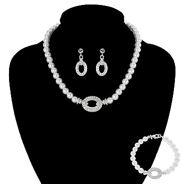 SET OF RHINESTONE ACCENT PEARL NECKLACE, EARRINGS AND BRACELET