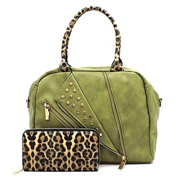 Studded Motorcycle Jacket Leopard Trim 2-in-1 Boston Bag