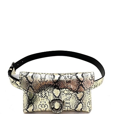METALLIC SNAKE PRINT FANNY PACK WITH GOLD BELT
