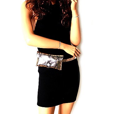 METALLIC SNAKE PRINT FANNY PACK WITH GOLD BELT
