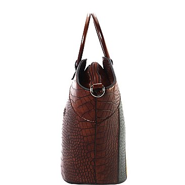 WOODEN HANDLE COLOR BLOCK CROCODILE SATCHEL WALLET SET