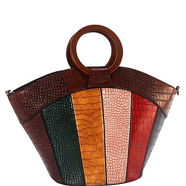 WOODEN HANDLE COLOR BLOCK CROCODILE SATCHEL WALLET SET