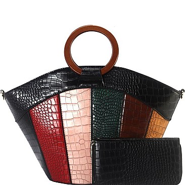 WOODEN HANDLE COLOR BLOCK CROCODILE SATCHEL WALLET SET