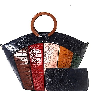 WOODEN HANDLE COLOR BLOCK CROCODILE SATCHEL WALLET SET