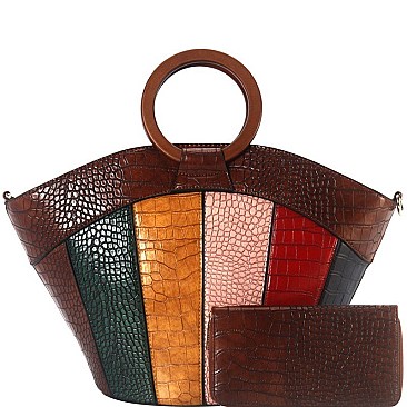 WOODEN HANDLE COLOR BLOCK CROCODILE SATCHEL WALLET SET