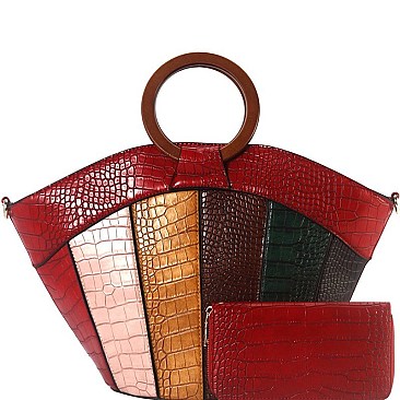 WOODEN HANDLE COLOR BLOCK CROCODILE SATCHEL WALLET SET