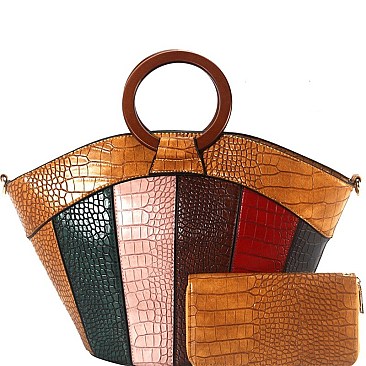 WOODEN HANDLE COLOR BLOCK CROCODILE SATCHEL WALLET SET