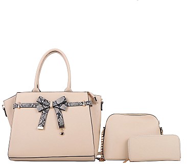 3 IN 1 SOLID COLOR HANDBAG WALLET SET WITH SNAKESKIN BOW ACCENT